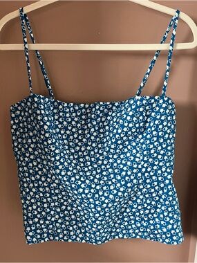 Reformation Blue & White Geometric Print Overland Linen Tank Top